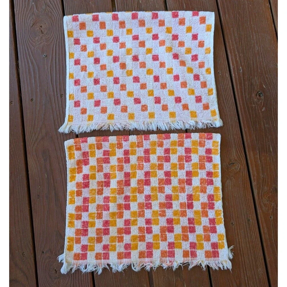 Vintage MCM 60s Hand Towels (2) Retro Red Orange Yellow Kitchen Bathroom 26x15.5